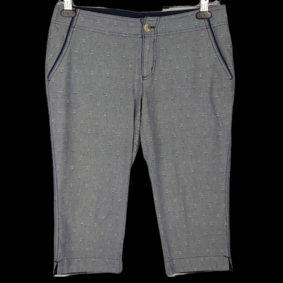 𝅺🍄3/50$🍄 Columbia PFG Capri Pants Anchor Pattern Embroidered Chambray Sz 8 - Picture 2 of 9